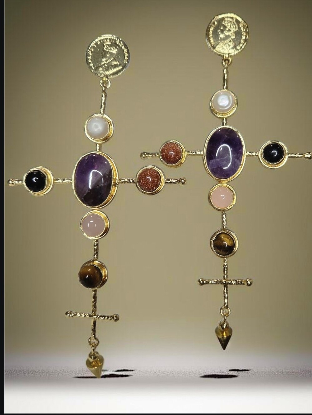 18k Gold Plated Artisan 5" Genuine Gem Stone Pearl Cross Coin Statement Earrings